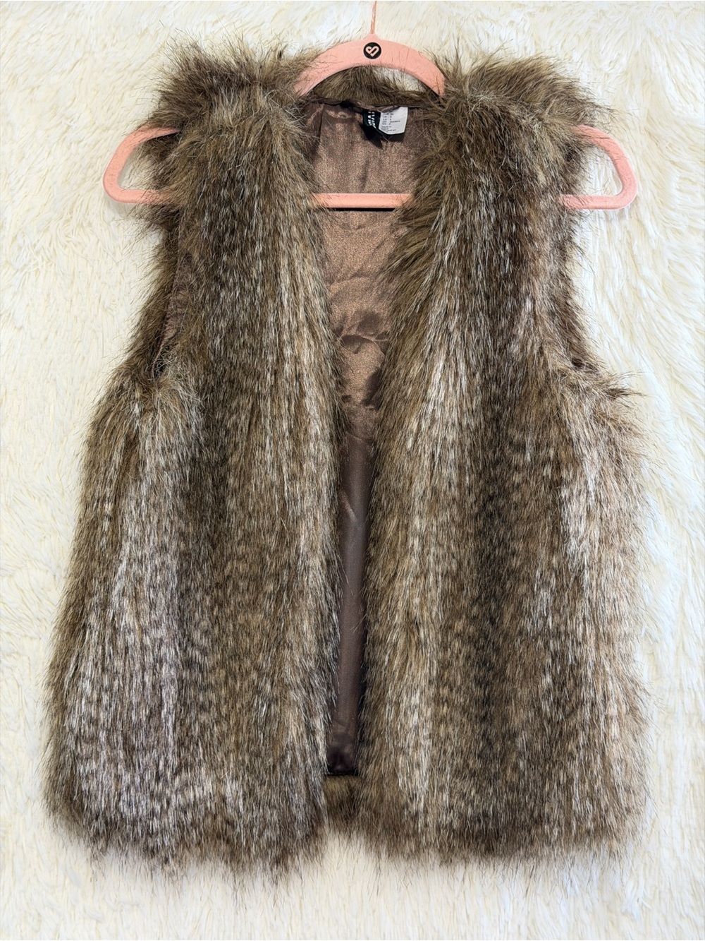 H&M Womens Faux Fur Vest Size 6 Brown Satin Lining Boho Chic Mob Wife Festival